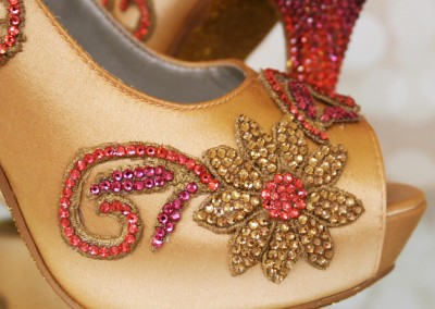 Gold Platform Peeptoe Custom Wedding Shoes with Gold Glitter Sole and Gold Coral and Fuschia Ombre Heel and Applique Design for an Indian Wedding by Ellie Wren Custom Wedding Shoes 6