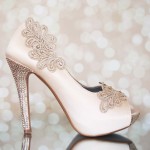Blush Wedding: Blush Platform Peeptoe Custom Wedding Shoes with Handamde Lace Appliques and Crystal Covered Heels by Ellie Wren Custom Wedding Shoes