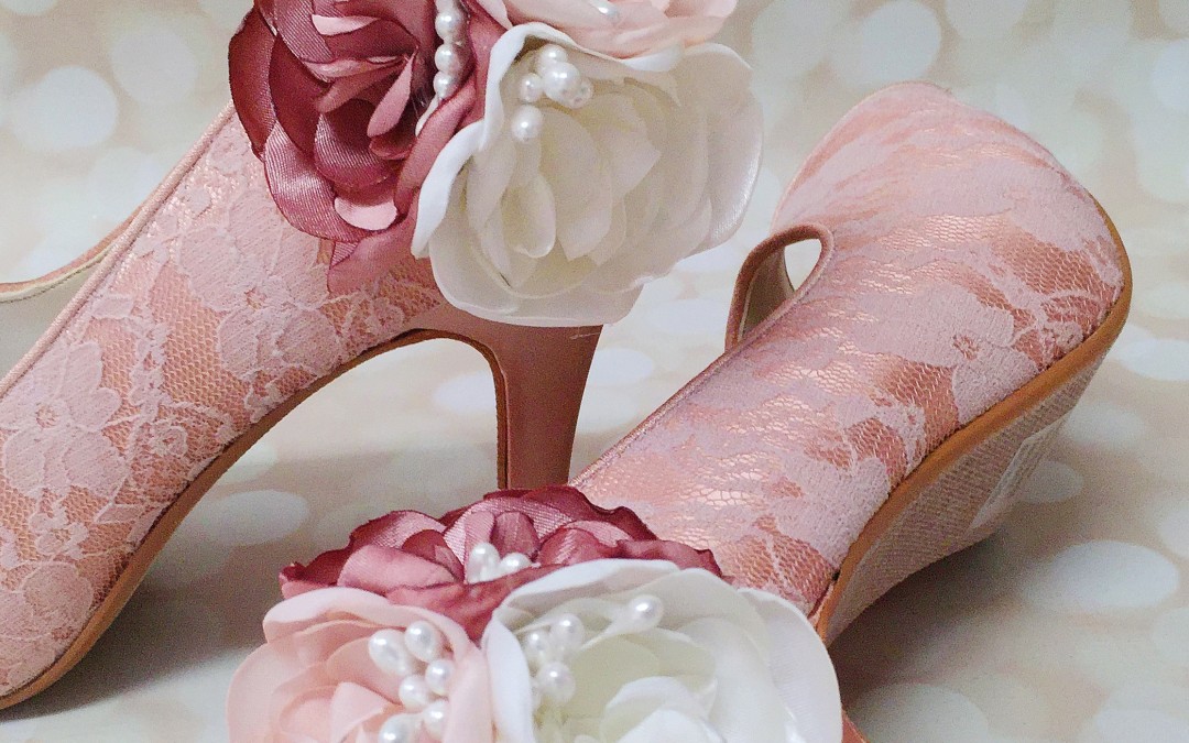 Pink Lace Wedding Shoes with Pink Ankle Flowers