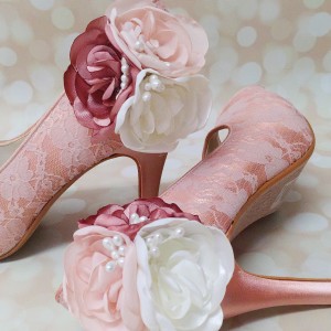 Pink Lace Wedding Shoes with Pink Flowers on the Ankle