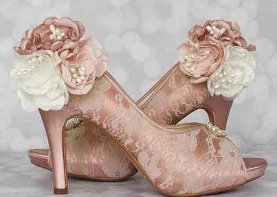 Antique Pink Wedding Shoes Lace Flowers on Ankle Custom Design