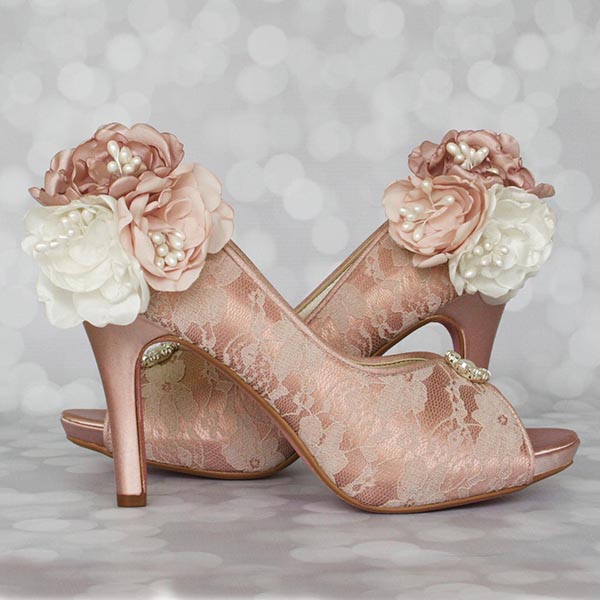 Antique Pink Wedding Shoes Lace Flowers on Ankle Custom Design