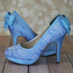 Blue Wedding Shoes with Lace Overlay Matching Bow and Crystal Heel