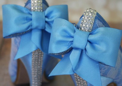 Blue Wedding Shoes with Lace Overlay Matching Bow and Crystal Heel