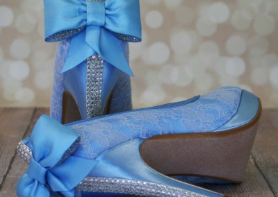 Blue Wedding Shoes with Lace Overlay Matching Bow and Crystal Heel