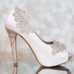 Blush Wedding Shoes High Heel Peeptoe Crystal Heel Glitter Sole Lace Applique Custom Design Ellie Wren