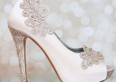 Blush Wedding Shoes High Heel Peeptoe Crystal Heel Glitter Sole Lace Applique Custom Design Ellie Wren