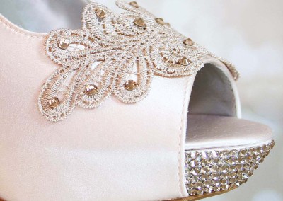 Blush Wedding Shoes High Heel Peeptoe Crystal Heel Glitter Sole Lace Applique Custom Design Ellie Wren