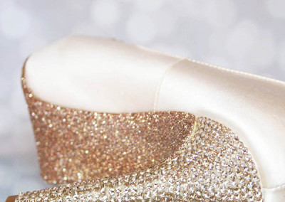 Blush Wedding Shoes High Heel Peeptoe Crystal Heel Glitter Sole Lace Applique Custom Design Ellie Wren