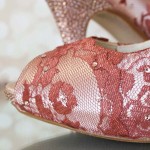 Blush Wedding Shoes with Rose Lace Overlay and Rose Gold Crystal Heel