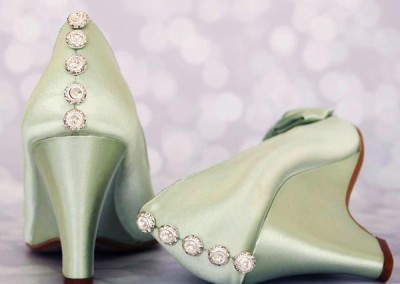 Clover Green Wedding Shoes Wedges Peeptoes Matching Bow Silver Buttons Ellie Wren Custom Design