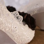 Ivory Wedding Shoes Wedges Ivory Scalloped Lace Overlay Brown Flowers Fall Wedding