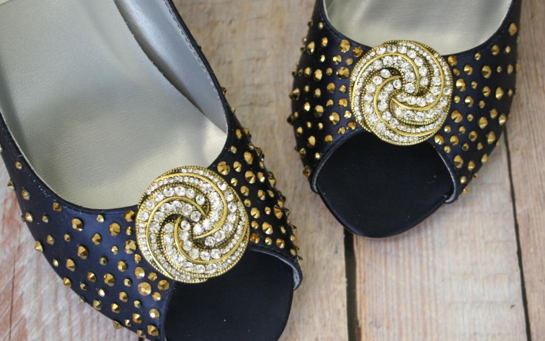 Very Regal! Navy Blue Wedding Shoes with A Storm of Gold Crystals
