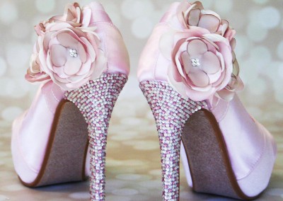 Paradise Pink Wedding Shoes High Heel Peeptoe Silver Pink Crystal Heel Pink and Ivory Flower Ankle Custom Design