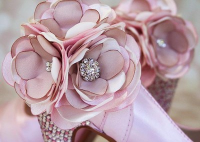 Paradise Pink Wedding Shoes High Heel Peeptoe Silver Pink Crystal Heel Pink and Ivory Flower Ankle Custom Design