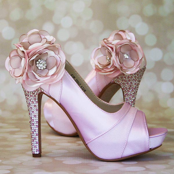 Paradise Pink Wedding Shoes High Heel Peeptoe Silver Pink Crystal Heel Pink and Ivory Flower Ankle Custom Design