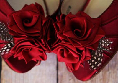 Rouge Wedding Shoes with Handmade Flowers and Polka Dot Feathers