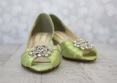 Spring Green Wedding Shoes Kitten Heel Peep Toe Rhinestone Brooch