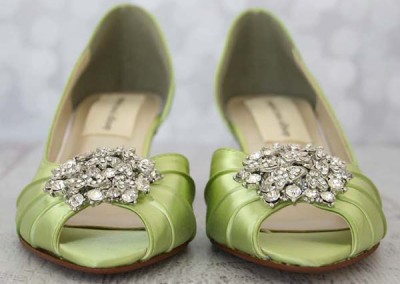 Spring Green Wedding Shoes Kitten Heel Peep Toe Rhinestone Brooch