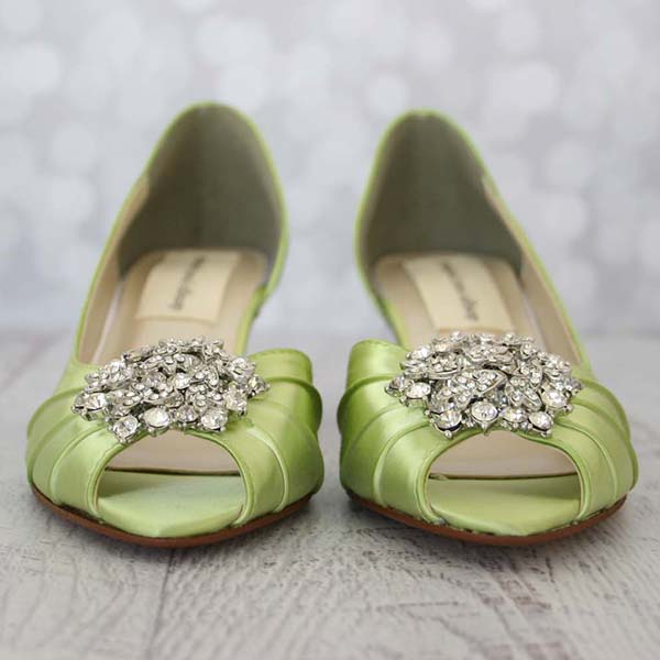 Spring Green Wedding Shoes Kitten Heel Peep Toe Rhinestone Brooch