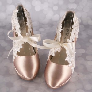 Champagne Wedding Shoes Ivory Lace Overlay Sash Closed Toe High Heel Custom Design Your Own Wedding Shoes