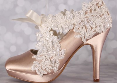 Champagne Wedding Shoes Ivory Lace Overlay Sash Closed Toe High Heel Custom Design Your Own Wedding Shoes
