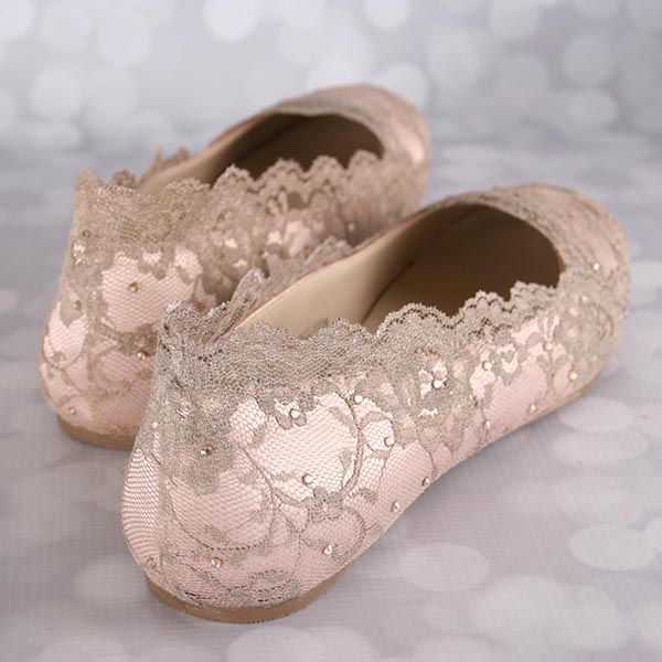 Blush Wedding Shoes Ballet Flash Gold Lace Overlay Crystal Accents