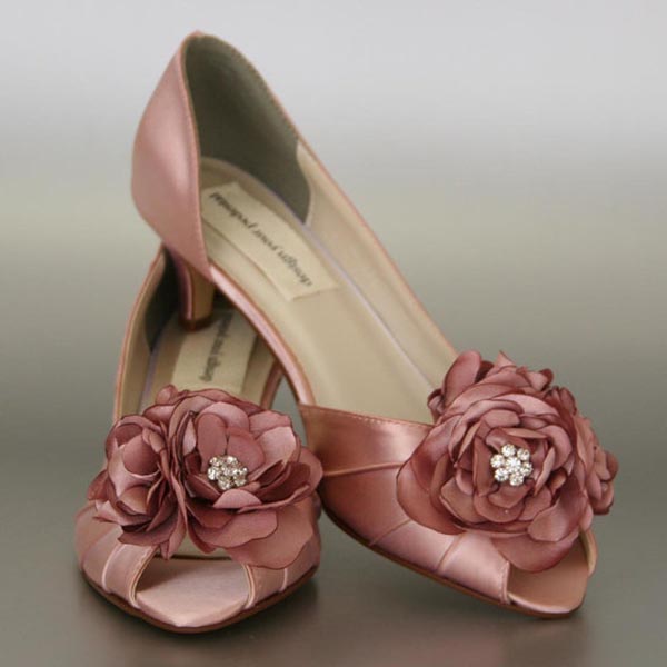 Antique Pink Wedding Shoes Kitten Heel Peep Toe Flowers on Toe