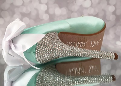 Aqua Blue Wedding Shoes Platform Peep Toe Bridal Heels Crystal Heel Crystal Applique White Bow Bling Wedding Shoes