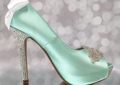 Aqua Blue Wedding Shoes Platform Peep Toe Bridal Heels Crystal Heel Crystal Applique White Bow Bling Wedding Shoes