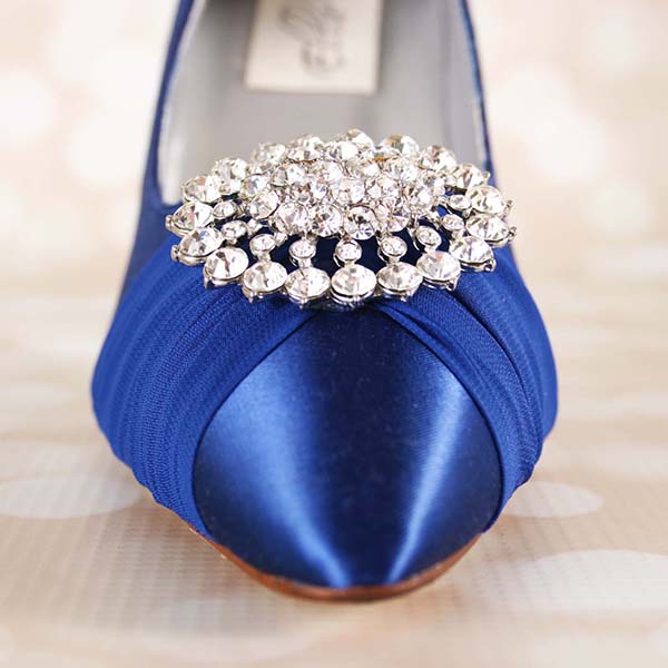 Blue Wedding Shoes Closed Toe Bridal Heels Chiffon Sash and Crystal Brooch