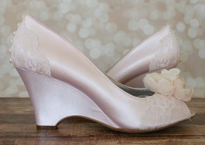 Blush Wedding Shoes Wedge Lace Heel Lace Toe Chiffon Flowers Design Your Own Wedding Shoes