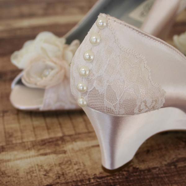 Blush Wedding Shoes Wedge Lace Heel Lace Toe Chiffon Flowers Design Your Own Wedding Shoes 