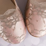 Blush Wedding Shoes Flats Champagne Lace Overlay Gold Crystals in Lace