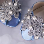Cornflower Blue Wedding Shoes Kitten Heel Peep Toes Lace Applique Silver Crystals Ivory Pearls Bling Wedding Shoes