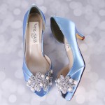 Cornflower Blue Wedding Shoes Kitten Heel Peep Toes Lace Applique Silver Crystals Ivory Pearls Bling Wedding Shoes
