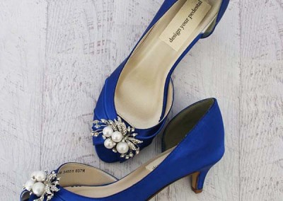 Royal Blue Wedding Shoes Kitten Heel Peep Toe Pearl and Crystal Brooch