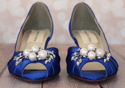 Royal Blue Wedding Shoes Kitten Heel Peep Toe Pearl and Crystal Brooch