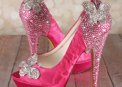 Custom Wedding Shoes Fuchsia Platform Peeptoe Wedding Shoes with Lace Overlay, Crystal Covered Heel and Heel Cup and Silver Crystal Butterflies by Ellie Wren Custom Wedding Shoes 2