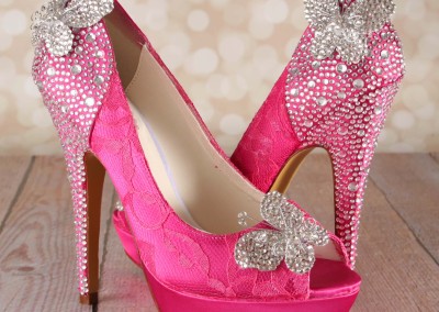 Custom Wedding Shoes Fuchsia Platform Peeptoe Wedding Shoes with Lace Overlay, Crystal Covered Heel and Heel Cup and Silver Crystal Butterflies by Ellie Wren Custom Wedding Shoes 4