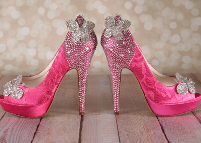 Custom Wedding Shoes Fuchsia Platform Peeptoe Wedding Shoes with Lace Overlay, Crystal Covered Heel and Heel Cup and Silver Crystal Butterflies by Ellie Wren Custom Wedding Shoes 6