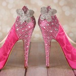 Custom Wedding Shoes Fuchsia Platform Peeptoe Wedding Shoes with Lace Overlay, Crystal Covered Heel and Heel Cup and Silver Crystal Butterflies by Ellie Wren Custom Wedding Shoes 8