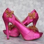 Custom Wedding Shoes Fuschia Pink Platform Peep Toe Wedding Shoes Orange and Yellow Crystal Butterflies