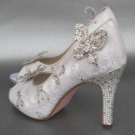 Custom Wedding Shoes Ivory Platform Peep Toe Butterfly Wedding Shoes Lace Overlay Pink Silver Swarovski Crystal Butterflies Pink Painted Sole