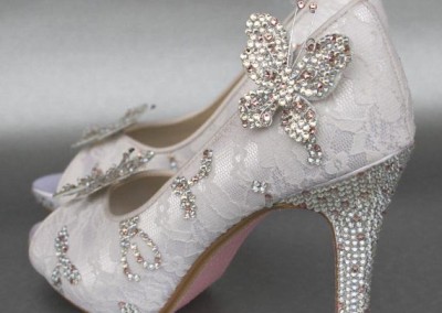 Custom Wedding Shoes Ivory Platform Peep Toe Butterfly Wedding Shoes Lace Overlay Pink Silver Swarovski Crystal Butterflies Pink Painted Sole