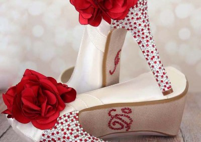 Custom Wedding Shoes Ivory Platform Peep Toe Wedding Shoes Silver Red Crystal Heel Red Roses Flowers I Do Crystals