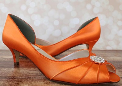 Custom Wedding Shoes Orange Dorsay Peep Toe Kitten Heel Simple Rhinestone Adornment 3