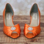 Custom Wedding Shoes Orange Dorsay Peep Toe Kitten Heel Simple Rhinestone Adornment 3