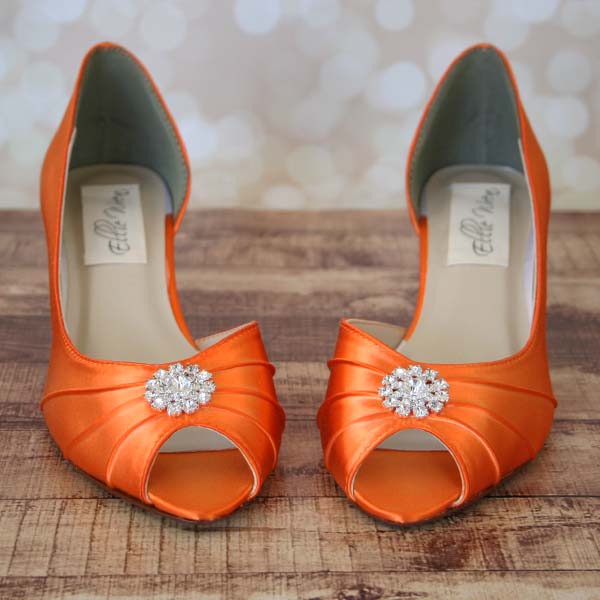 Custom Wedding Shoes Orange Dorsay Peep Toe Kitten Heels Simple Rhinestone Adornment 2