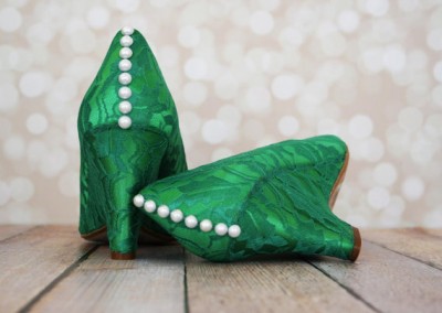 Emerald Green Peep Toe Wedges with Matching Lace Overlay and Pearl Buttons on Back 2